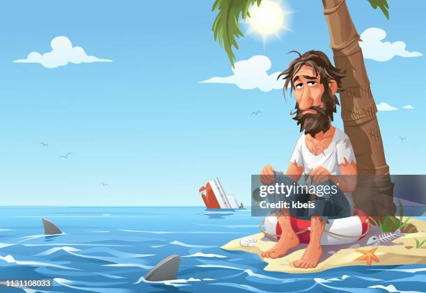 man stranded on desert island - shark stock illustrations