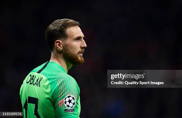 Jan Oblak of Atletico de Madrid looks on during the UEFA Champions League Round of 16 First Leg match between Club Atletico de Madrid and Juventus at...