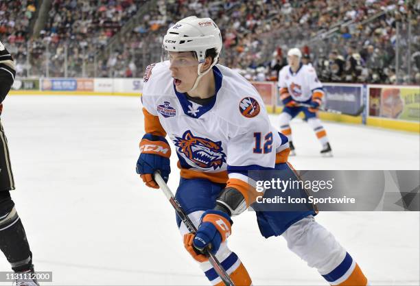 Bridgeport Sound Tigers left wing Otto Koivula skates to the puck during the Bridgeport Sound Tigers vs. The Hershey Bears AHL hockey game March 16,...