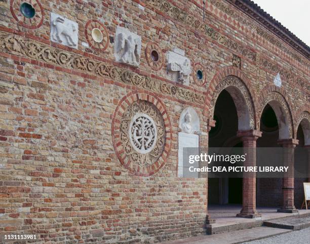 Facade with decorative patterns, atrium of Pomposa Abbey, Codigoro , Emilia-Romagna, Italy, 8th-12th century.