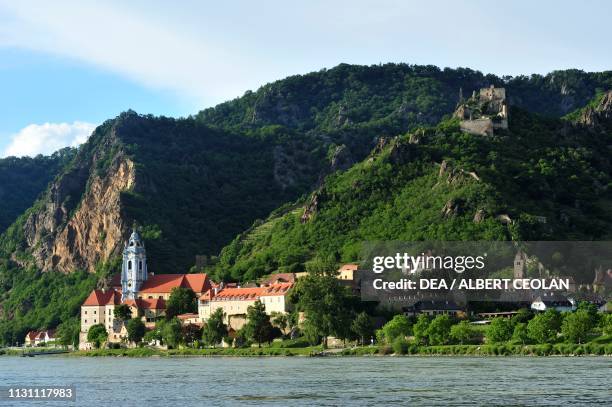 View of Durnstein and the castle from the Danube river, Wachau Cultural Landscape , Lower Austria, Austria.