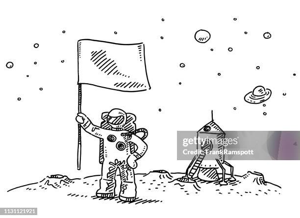 stockillustraties, clipart, cartoons en iconen met astronaut landing op maan vlag tekening - ruimtehelm