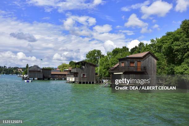 Houses on stilts on the lakefront, Schoerfling am Attersee, Upper Austria, Austria.
