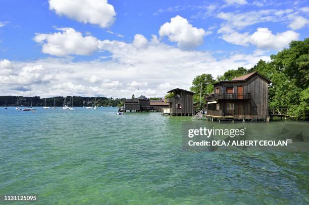 Houses on stilts on the lakefront, Schoerfling am Attersee, Upper Austria, Austria.