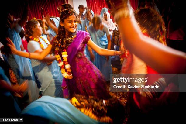 Uplifted scavenger women join the widows in celebrating Holi, the Hindu festival of colours, in Meera Sehbhagini Mahila Ashray Sadan in Vrindavan in...