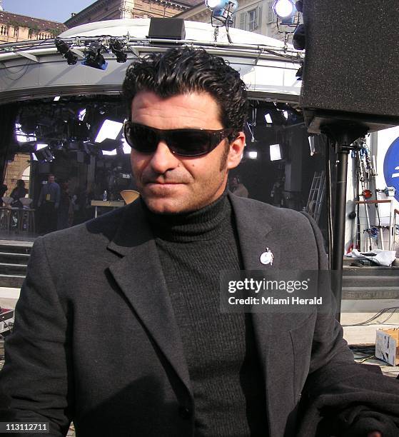 Italian ledgend and former Olympic ski champion Alberto Tomba arrives to mingle with fans Thursday, February 9, 2006 at Piazza San Marco in Turin,...