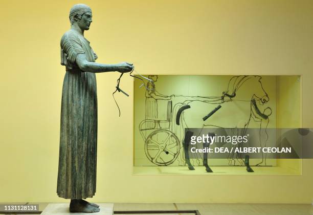 Charioteer of Delphi , ca 475 BC, bronze statue, height 180 cm, found at the Sanctuary of Apollo in Delphi, Greece. Ancient Greek civilization, 5th...