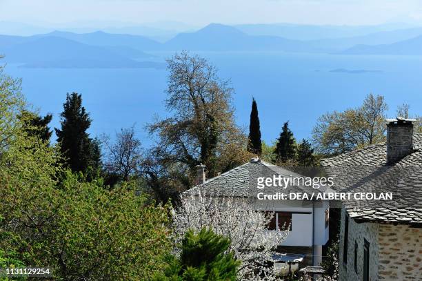 Houses with stone roofs, Vizitsa, Pelion Peninsula, Greece.