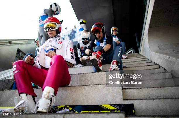 Eric Frenzel of Germany is seen during the ski jumping training for the Nordic Combined Competition of the FIS Nordic World Ski Championships on...