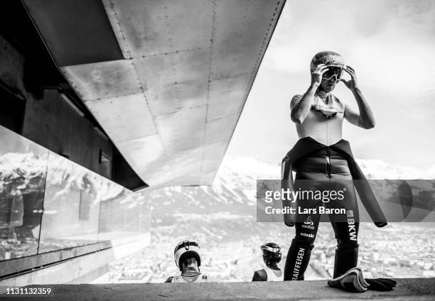 Tim Hug of Switzerland prepares for his jump during the ski jumping training for the Nordic Combined Competition of the FIS Nordic World Ski...