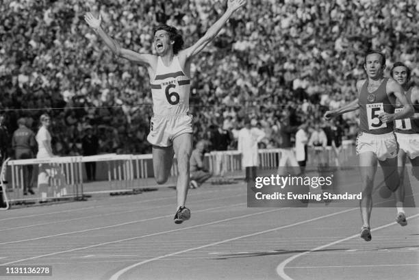 British long-distance runner Brendan Foster of Great Britain celebrates after winning the 5000 Meters during the Great Britain v Russia match at...