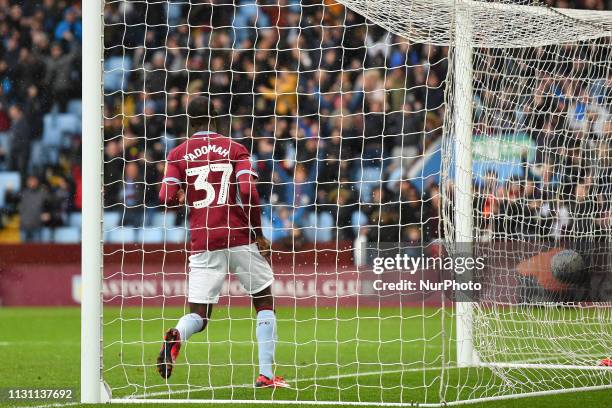Albert Adomah of Aston Villa in the goal after scoring to make it 3-0 during the Sky Bet Championship match between Aston Villa and Middlesbrough at...