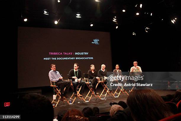 Stephen Segaller, Connor Schell, Anna Miralis, Bob Debitetto, Jackie Glover, and John Battsek attend Tribeca Talks Presents: Meet The Documentary...