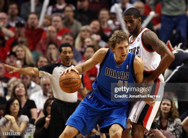 LaMarcus Aldrdige of the Portland Trail Blazers defends Dirk Nowitzki of the Dallas Mavericks in Game Four of the Western Conference Quarterfinals in...