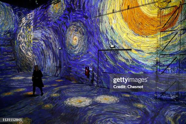 Visitors attend a press preview of the immersive exhibition "Van Gogh, Starry Night" devoted to painter Vincent Van Gogh by multimedia artist...