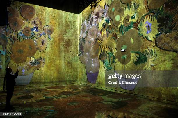 Visitors attend a press preview of the immersive exhibition "Van Gogh, Starry Night" devoted to painter Vincent Van Gogh by multimedia artist...