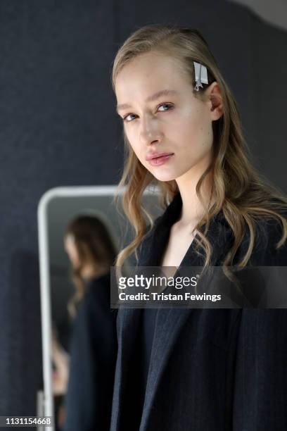Model is seen backstage ahead of the Anteprima show at Milan Fashion Week Autumn/Winter 2019/20 on February 21, 2019 in Milan, Italy.