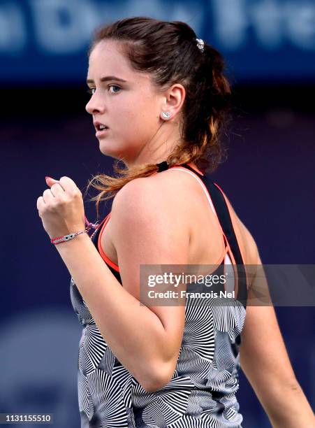 Viktoria Kuzmova of Slovakia reacts against Petra Kvitova of Czech Republic during day five of the Dubai Duty Free Tennis Championships at Dubai...