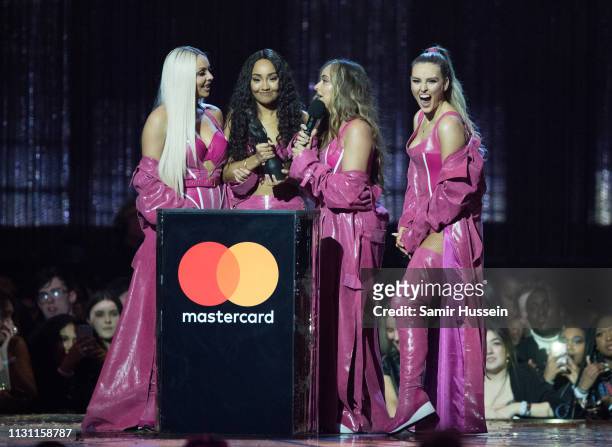 Jade Thirlwall, Leigh-Anne Pinnock, Perrie Edwards and Jesy Nelson of Little Mix win Best Video Artist during The BRIT Awards 2019 held at The O2...