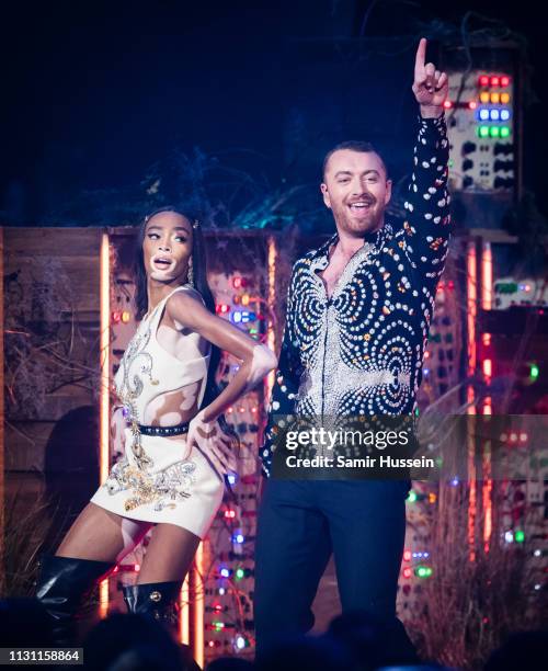 Winnie Harlow and Sam Smith perform during The BRIT Awards 2019 held at The O2 Arena on February 20, 2019 in London, England.