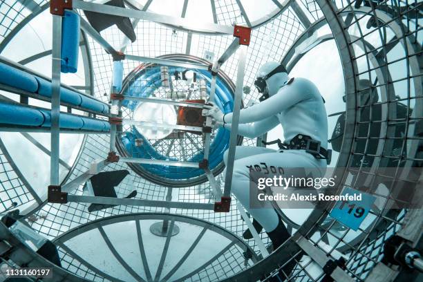 Diver and astronaut testing the Esprit module of the Lunar Orbital Platform-Gateway in the pools of Comex, on February 21, 2019 in Marseille, France.