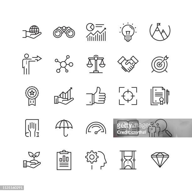 illustrazioni stock, clip art, cartoni animati e icone di tendenza di icone delle linee vettoriali correlate ai valori principali - organizzazioni aziendali