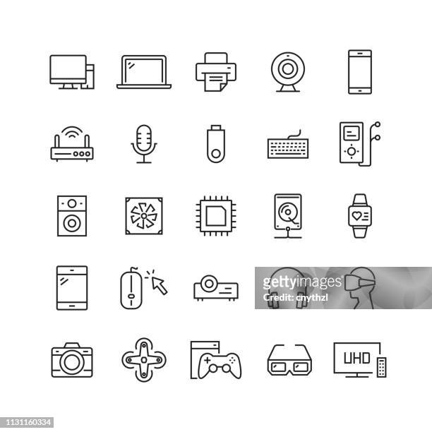 illustrations, cliparts, dessins animés et icônes de icônes de ligne vectorielle connexes d'appareils électroniques et d'ordinateurs - electronic media