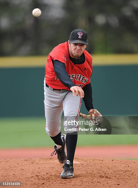 Starting pitcher Brennan Stewart of the Texas Tech Red Raiders delivers a pitch against the Kansas State Wildcats in the first inning on April 23,...