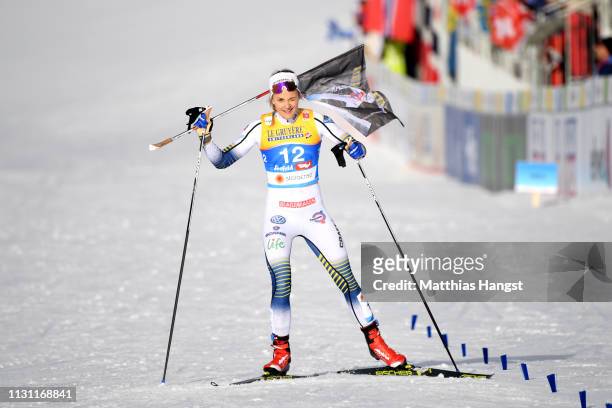 Stina Nilsson of Sweden makes her way to the finish line to claim her Silver medal during the Women's Cross Country Sprint Final at the Stora Enso...