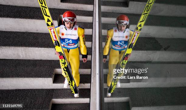 Richard Freitag of Germany is seen during the ski jumping training of the FIS Nordic World Ski Championships on February 21, 2019 in Innsbruck,...