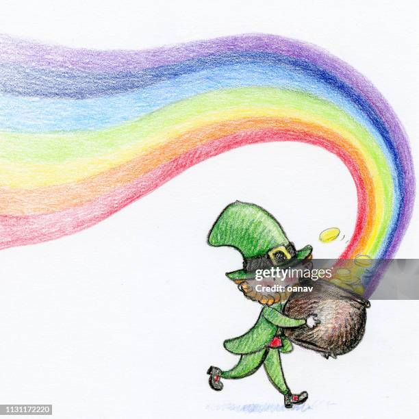 leprechaun running away with pot of gold - cartoon sketch leprechaun stock illustrations