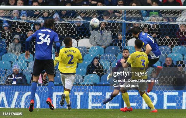 Sheffield Wednesday's Atdhe Nuhiu heads home his side's second goal during the Sky Bet Championship match between Sheffield Wednesday and Blackburn...