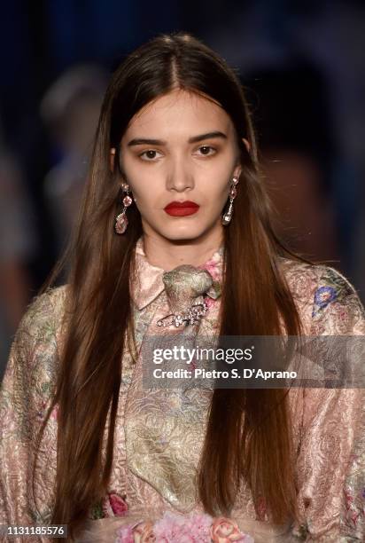 Model walks the runway at the Luisa Beccaria show during Milan Fashion Week Autumn/Winter 2019/20 on February 21, 2019 in Milan, Italy.