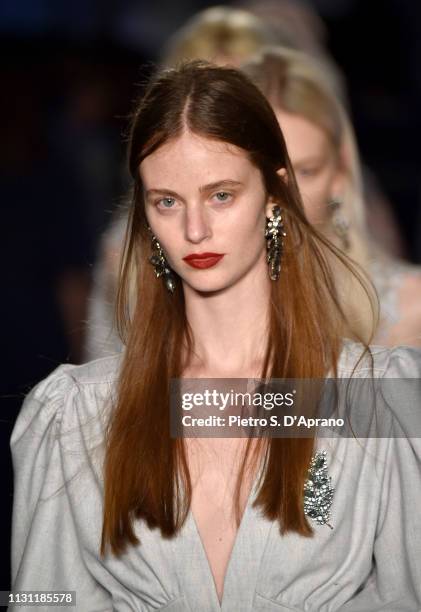 Model walks the runway at the Luisa Beccaria show during Milan Fashion Week Autumn/Winter 2019/20 on February 21, 2019 in Milan, Italy.