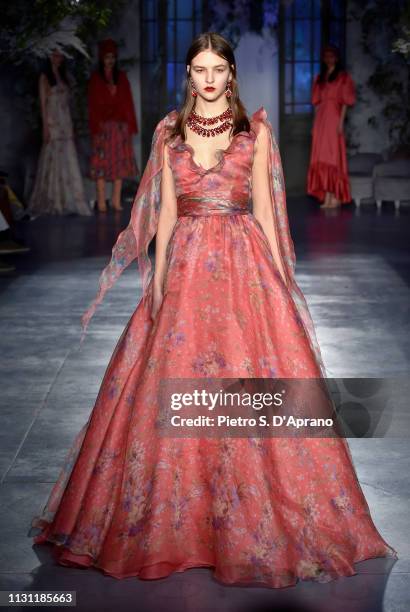 Model walks the runway at the Luisa Beccaria show during Milan Fashion Week Autumn/Winter 2019/20 on February 21, 2019 in Milan, Italy.