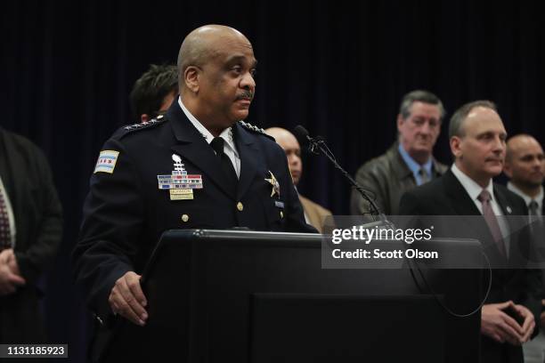 Chicago Police Superintendent Eddie Johnson speaks during a press conference at Chicago police headquarters about the arrest of “Empire” actor Jussie...