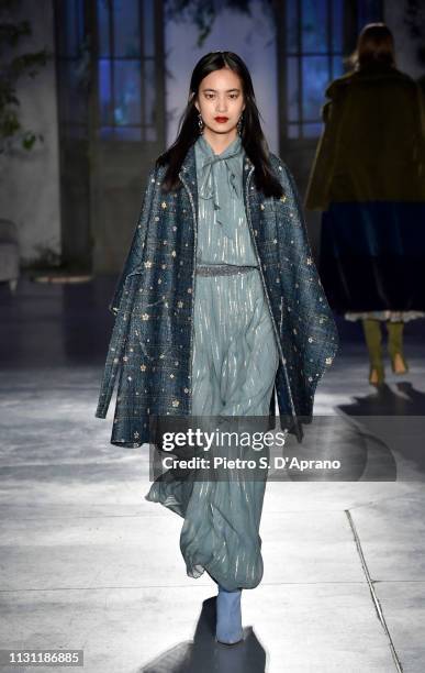 Model walks the runway at the Luisa Beccaria show during Milan Fashion Week Autumn/Winter 2019/20 on February 21, 2019 in Milan, Italy.