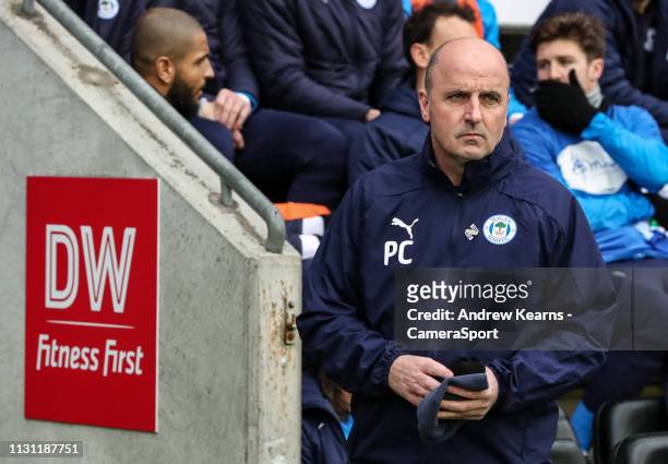 Wigan Athletic's manager Paul Cook during the Sky Bet Championship match between Wigan Athletic and Bolton Wanderers at DW Stadium on March 16, 2019...