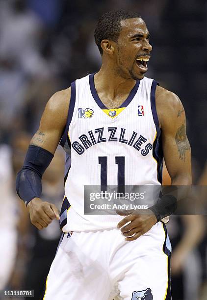 Mike Conley of the Memphis Grizzles celebrates during the game against the San Antonio Spurs in Game three of the Western Conference Quarterfinals in...