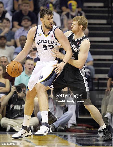 Marc Gasol of the Memphis Grizzles dribbles the ball while defended by Matt Bonner of the San Antonio Spurs in Game three of the Western Conference...