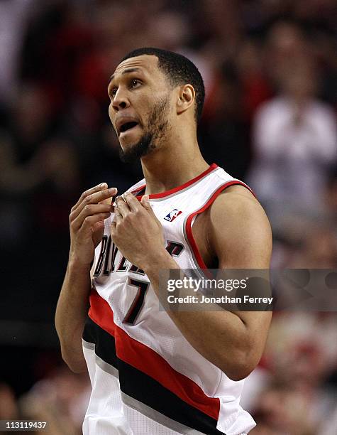Brandon Roy of the Portland Trail Blazers runs down court after making a shot to overcome a 23 point deficit to defeat the Dallas Mavericks 84-82 in...