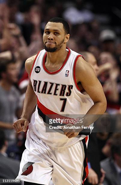 Brandon Roy of the Portland Trail Blazers runs down court after making a shot to overcome a 23 point deficit to defeat the Dallas Mavericks 84-82 in...