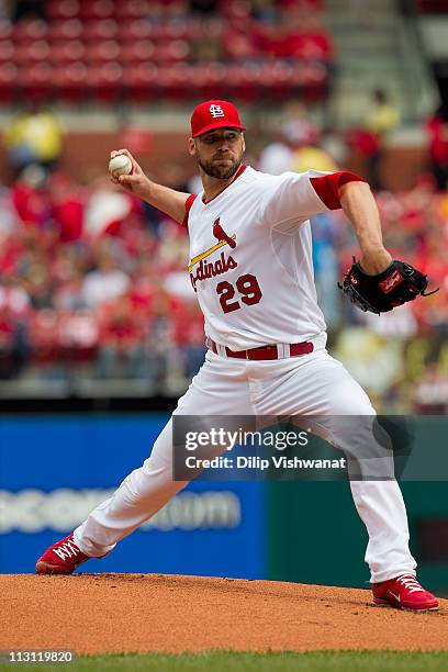 Starter Chris Carpenter of the St. Louis Cardinals pitches against the Cincinnati Reds at Busch Stadium on April 23, 2011 in St. Louis, Missouri.