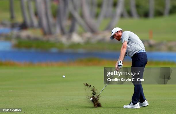 Derek Fathauer plays a shot on the 17th hole during the first round of the Puerto Rico Open at Coco Beach Golf and Country Club on February 21, 2019...