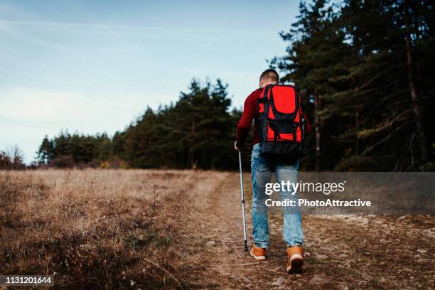 mann mit wandern pole zu klettern - nordic walking pole stock-fotos und bilder