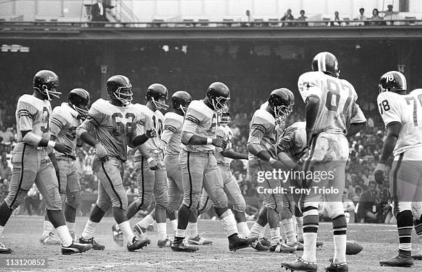Grambling State players at line scrimmage during game vs Michigan State at Yankee Stadium. Bronx borough of New York City 9/28/1968CREDIT: Tony Triolo