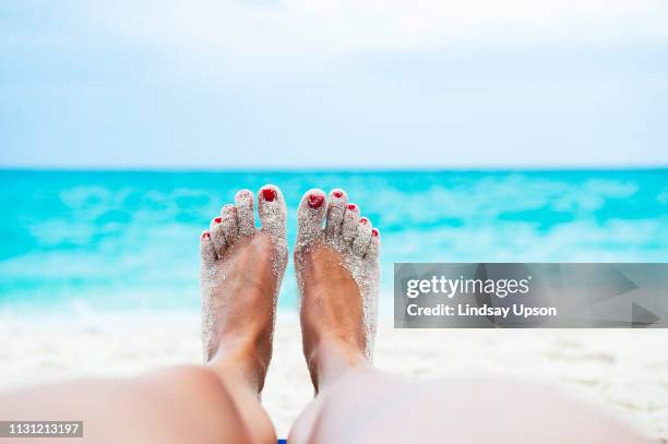 close up of female legs and feet sunbathing on beach - foot foto e immagini stock