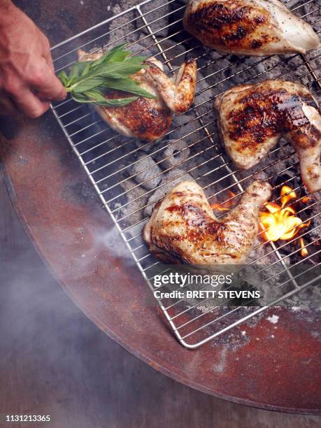 mans hand grilling guam chicken legs on barbecue - grill von oben stock-fotos und bilder