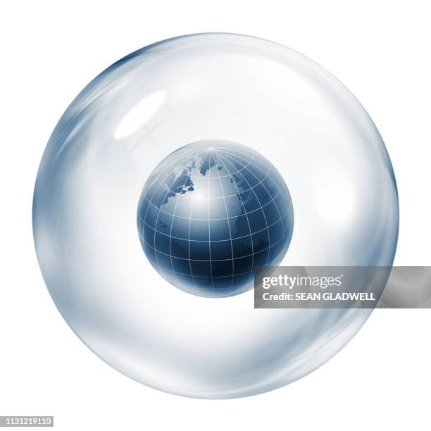 graphic illustration of world inside bubble - glass sphere stock pictures, royalty-free photos & images