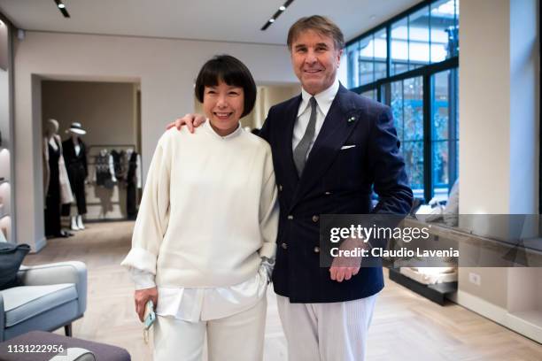 Angelica Cheung and Brunello Cucinelli are seen at the Brunello Cucinelli presentation during Milan Fashion Week Autumn/Winter 2019/20 on February...